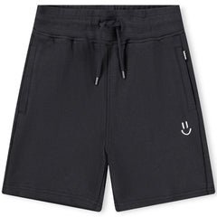 Alw Shorts from Molo in black with elastic drawstring waist, side pockets, and small white smile graphic on the leg