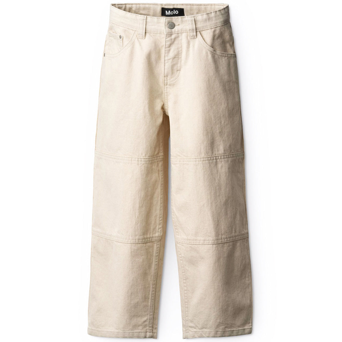 The Askane Pants from Molo. Beige denim jeans made of cotton with a wide and relaxed fit, inspired by the skater style.