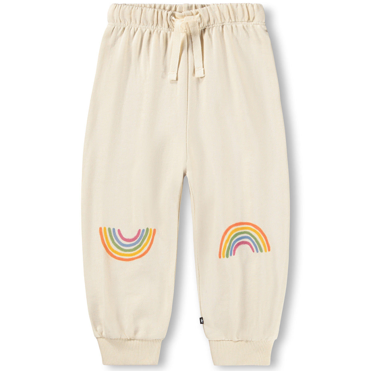The Simeon Sweatpants from Molo. Soft, cream-colored sweatpants with a rainbow print on the knees.