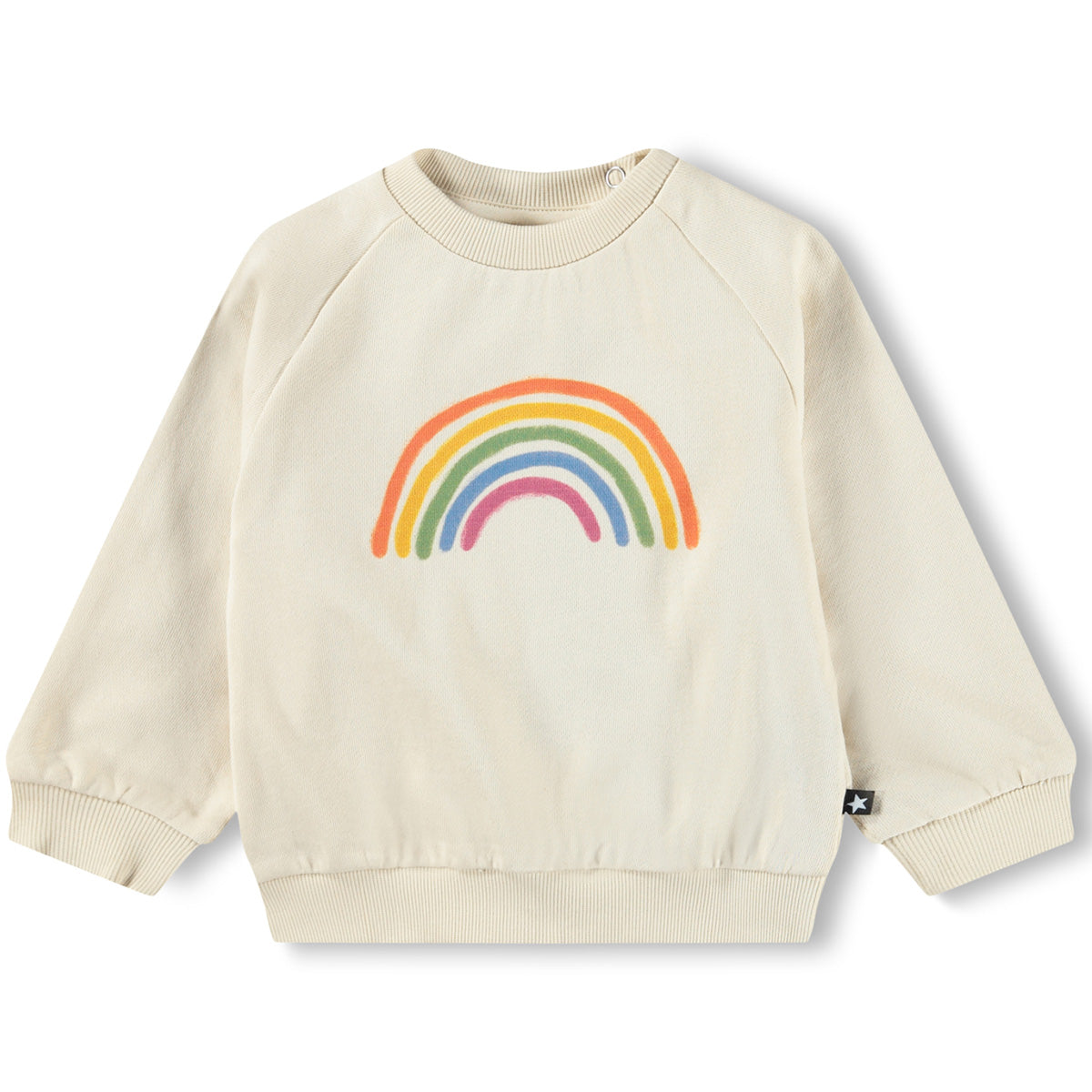 The Disc Sweatshirt from Molo. Cream-colored, soft sweatshirt with a rainbow print.
