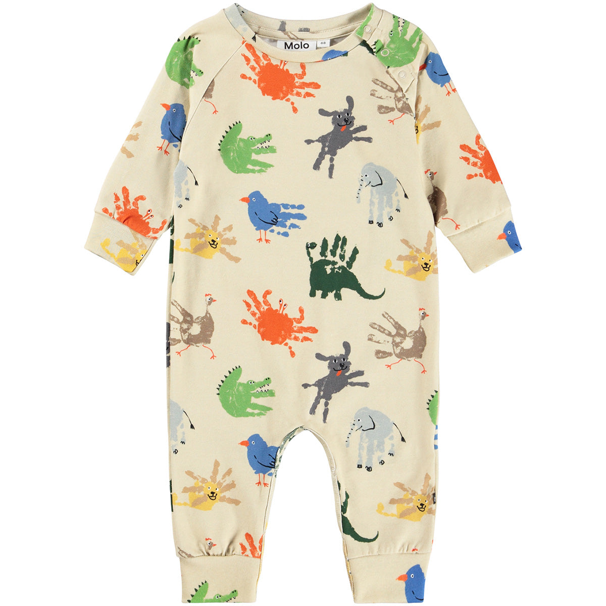 The Fairfax Romper from Molo. This beige baby romper features a playful multicolor handprint animal print.