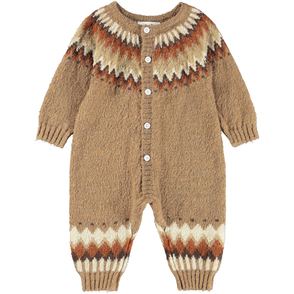 The Frej Romper from Molo. Light brown baby romper made of a soft alpaca wool with Nordic inspired pattern.
