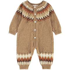 The Frej Romper from Molo. Light brown baby romper made of a soft alpaca wool with Nordic inspired pattern.