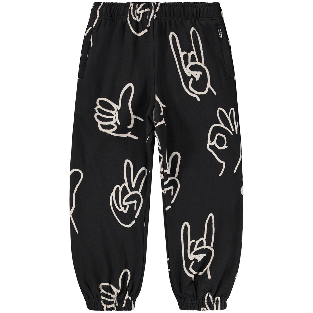 The Adan Sweatpants from Molo. Black pants with white hand gesture prints.
