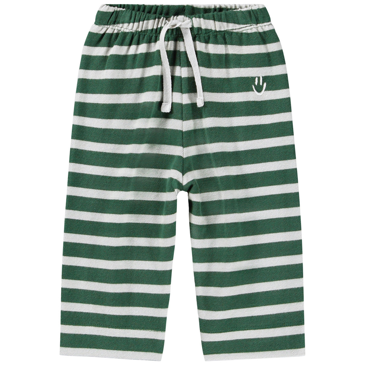 The Saxon Pants from Molo. Green and white striped pants with a smiley face on a white background.