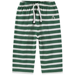 The Saxon Pants from Molo. Green and white striped pants with a smiley face on a white background.