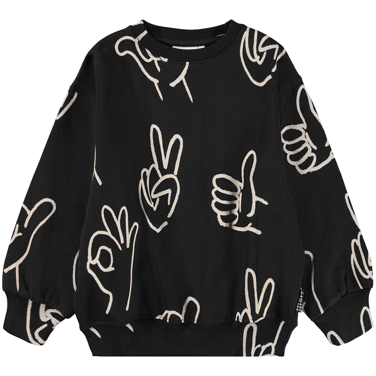 The Monti Sweatshirt from Molo. Black sweatshirt made of soft organic cotton with printed hand signs in white.