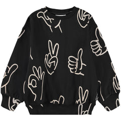 The Monti Sweatshirt from Molo. Black sweatshirt made of soft organic cotton with printed hand signs in white.
