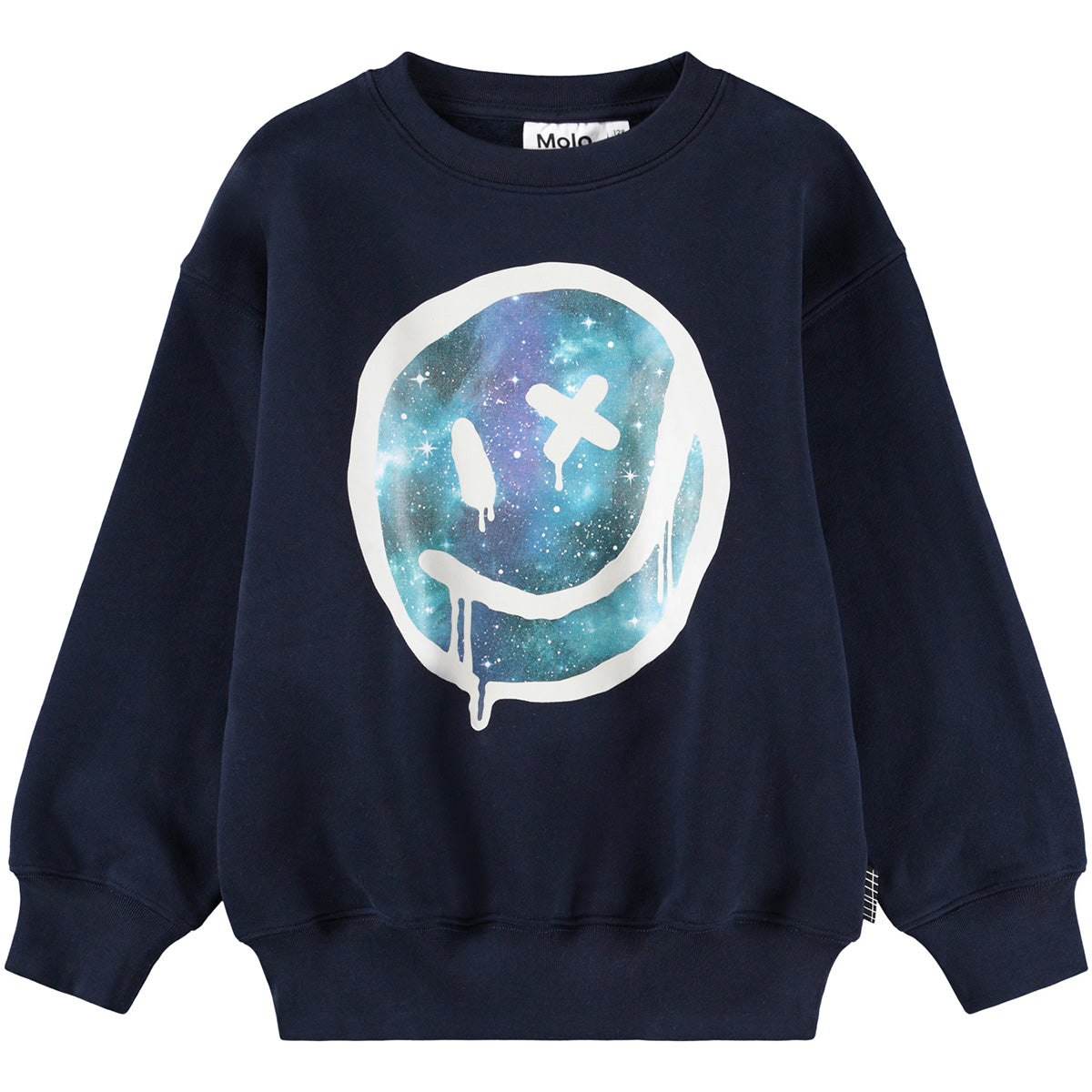 The Mar Sweatshirt from Molo. Black sweatshirt made of soft organic cotton with a large white print of a spray-painted smiling face.