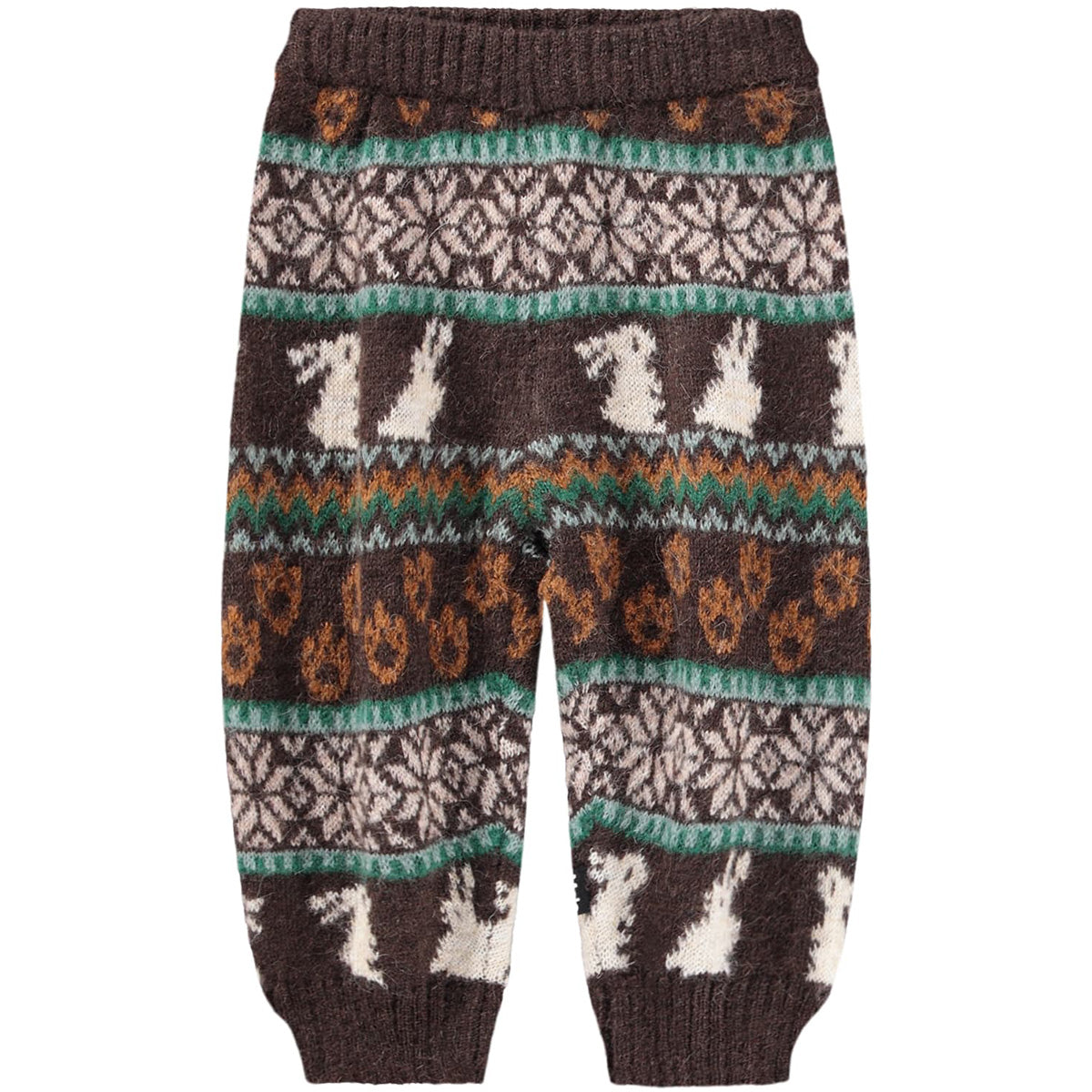 Signy Knit Pants by Molo brown baby knit pants with colorful Fair Isle reindeer and snowflake pattern