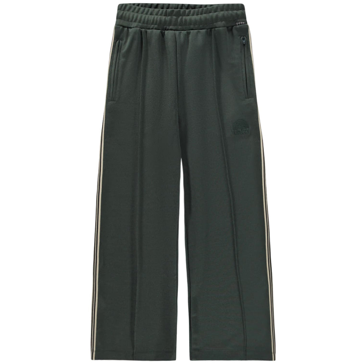 Ash Pants by Molo dark green wide leg sweatpants with beige side stripes and zippered pockets