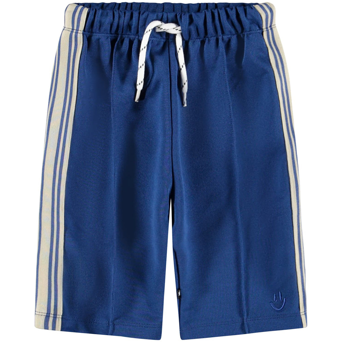 The Son Pants from Molo blue kids shorts with side stripes and elastic drawstring waistband.