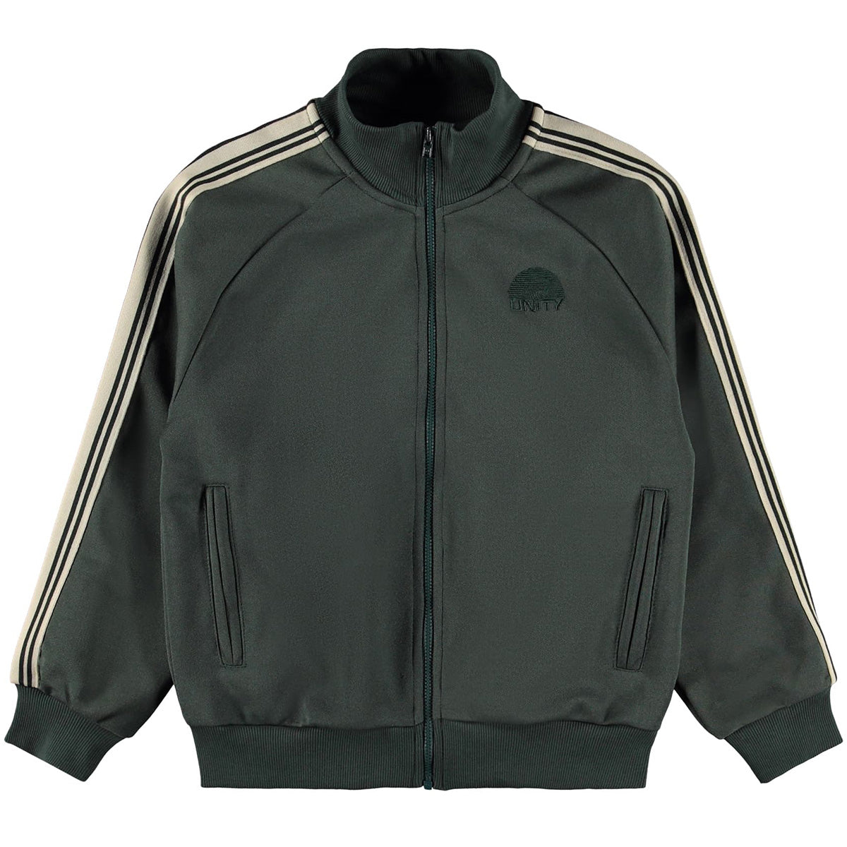 Meracer Sweatshirt by Molo dark green kids track jacket with striped sleeves and zippered pockets