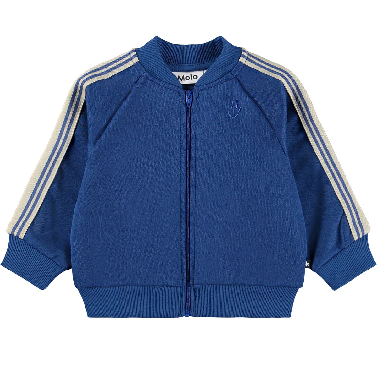 The Damon Sweater from Molo blue zip-up kids sweater with striped sleeves and ribbed trims.