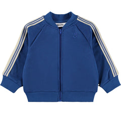 The Damon Sweater from Molo blue zip-up kids sweater with striped sleeves and ribbed trims.
