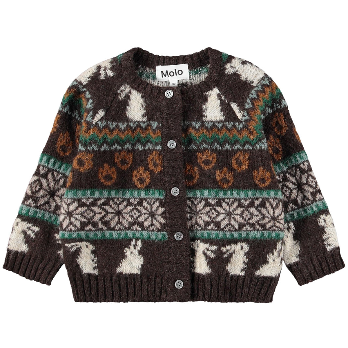 Bobi Cardigans by Molo brown kids knit cardigan with Fair Isle polar bear and snowflake pattern