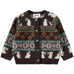 Bobi Cardigans by Molo brown kids knit cardigan with Fair Isle polar bear and snowflake pattern