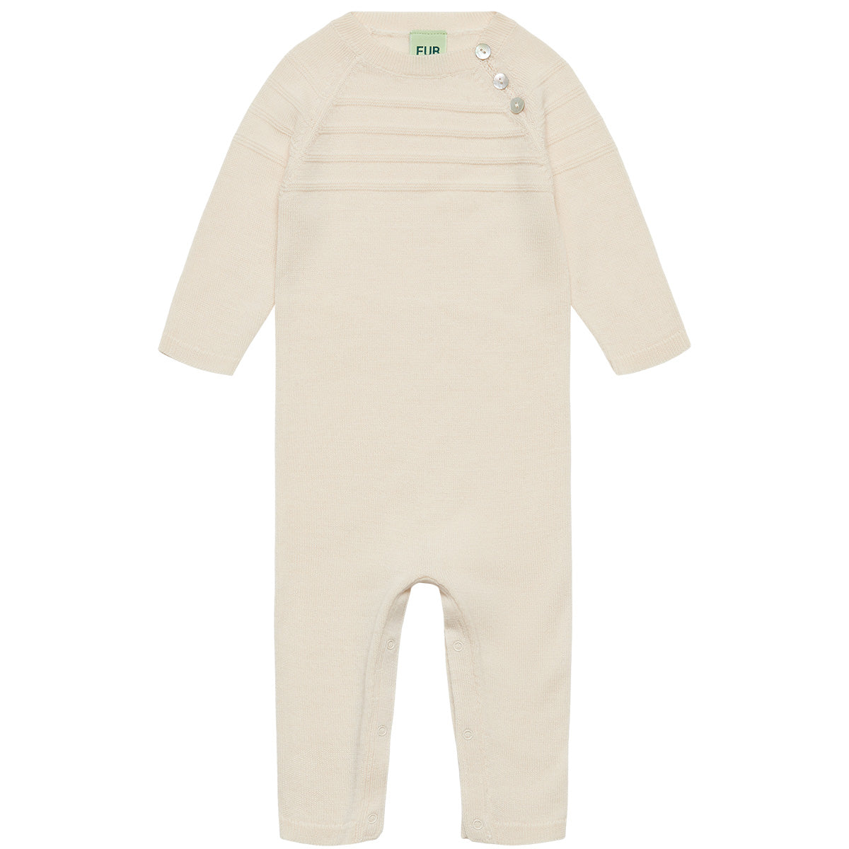 The Baby Bodysuit from FUB featuring a textured striped upper bodice, front shell buttons, and bottom snap closures.