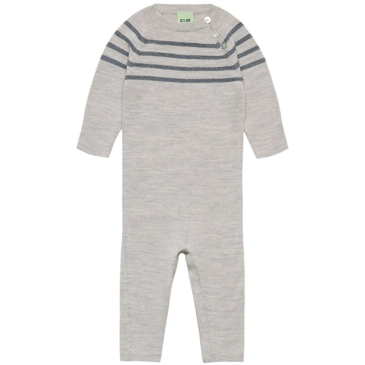 The Baby Bodysuit from FUB featuring a textured striped upper bodice, front shell buttons, and bottom snap closures.