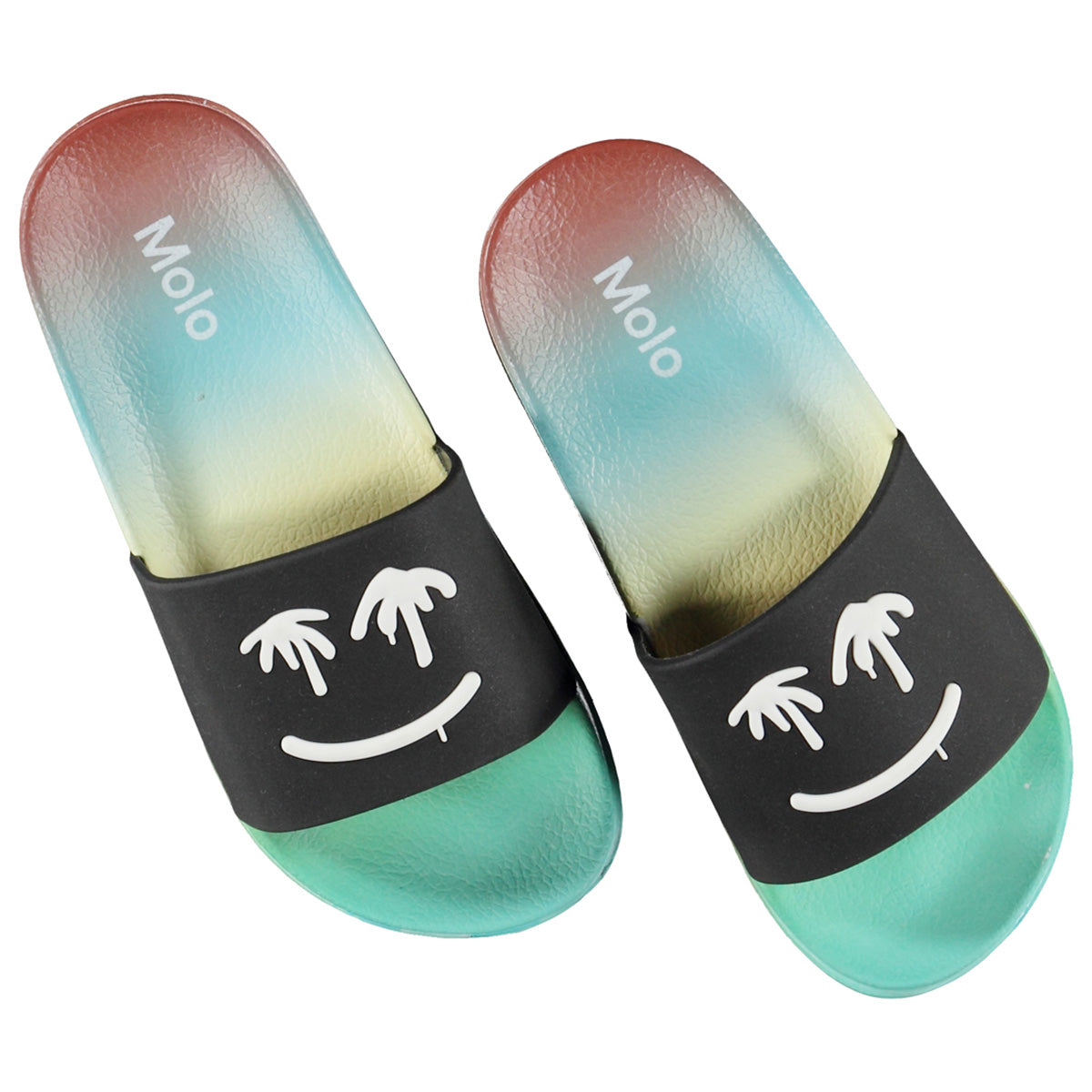 The Zhappy Sandals from Molo. Multi-colored swim sandals with black, smiling faces with sweet palm tree eyes