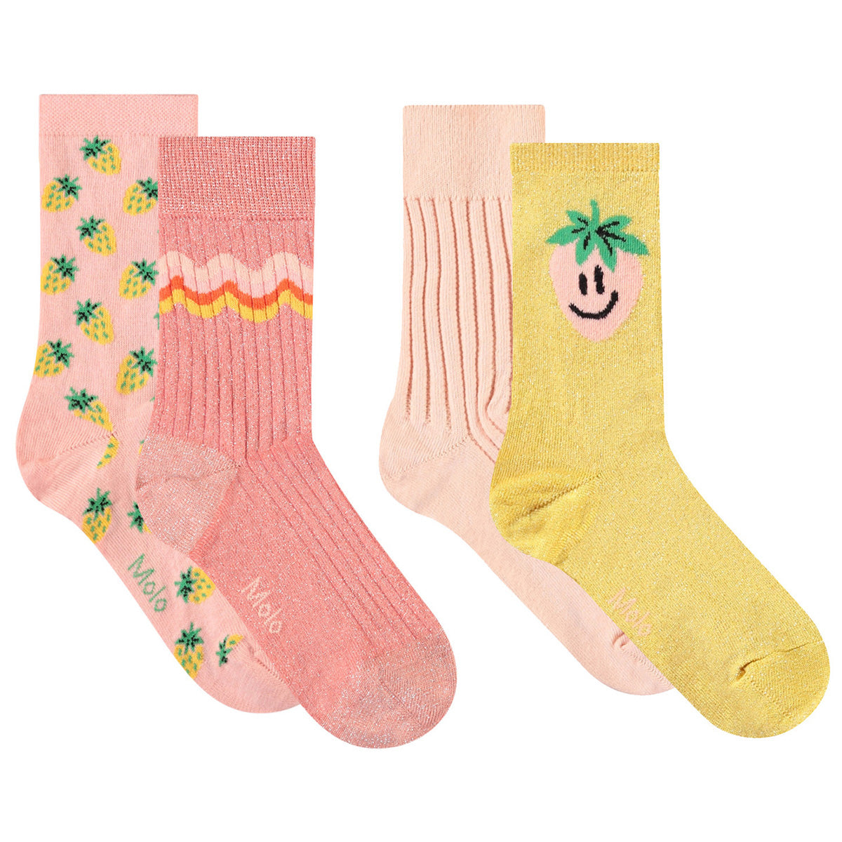 The Nomi Socks from Molo. Set of four colorful socks featuring fruit prints and playful patterns.