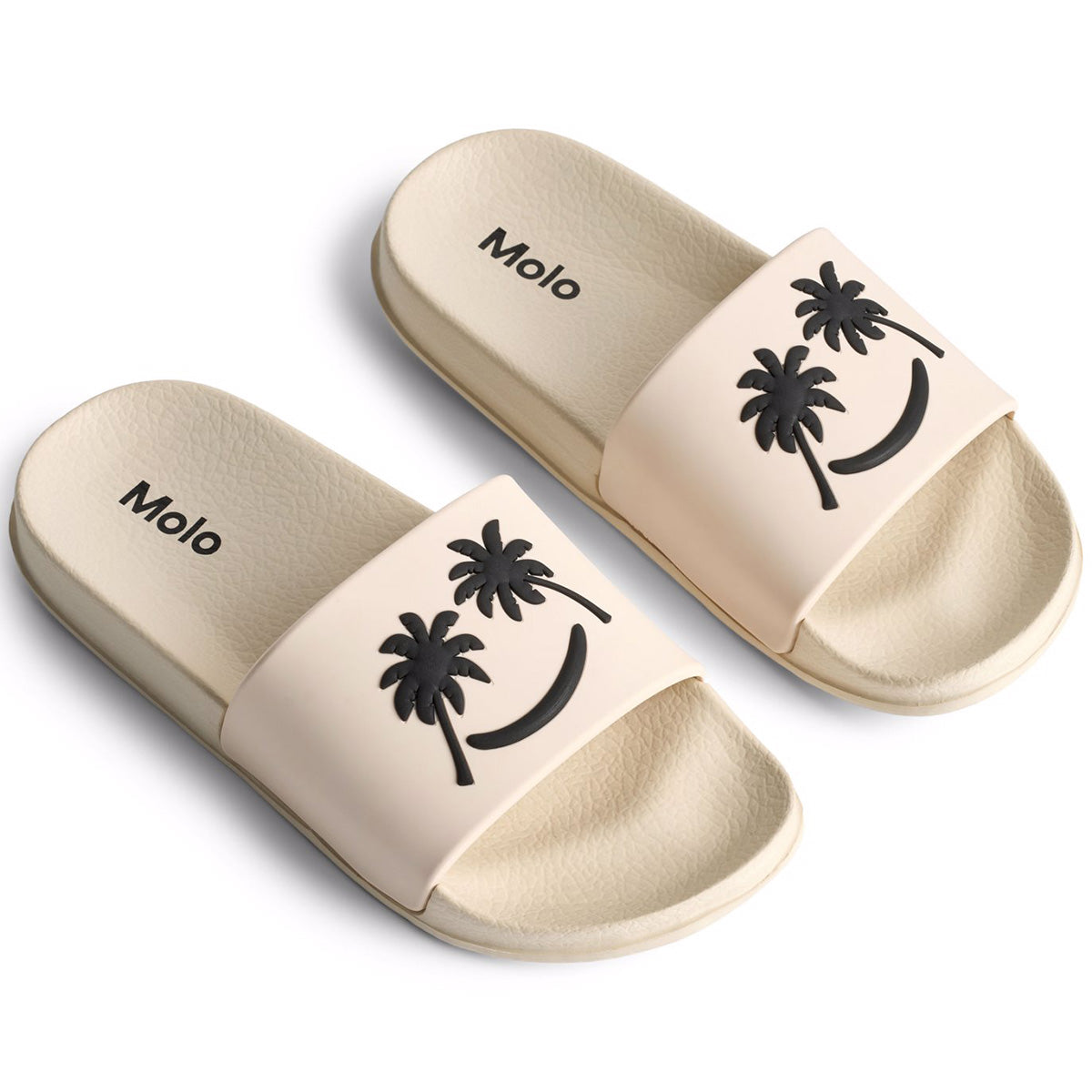 The Zhappy Sandals from Molo. Cream-colored bath slippers with black palm trees as eyes and a smile.