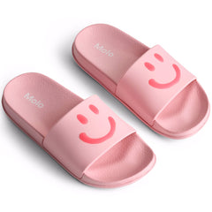 The Zhappy Sandals from Molo. Pink bath slippers with a smiley face, wide foot strap and moulded insole