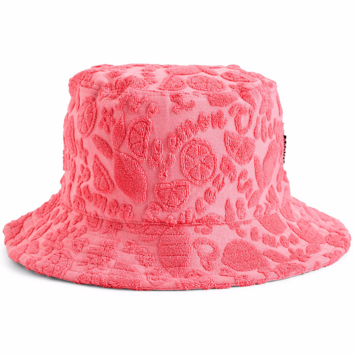 The Siks Bucket Hat from Molo. Pink bucket hat made of soft cotton terry with a citrus pattern.
