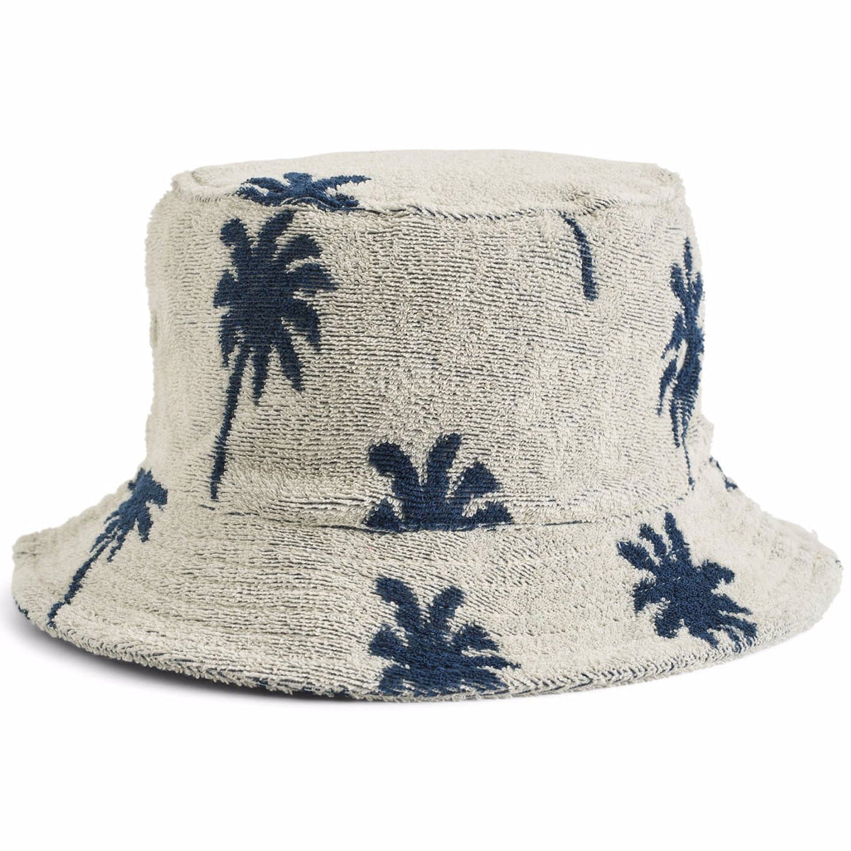 Siks Bucket Hat from Molo in soft terry fabric with blue palm tree print and classic bucket hat silhouette