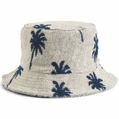 Siks Bucket Hat from Molo in soft terry fabric with blue palm tree print and classic bucket hat silhouette