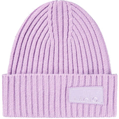 The Karli Beanie from Molo. Light purple ribbed knit beanie featuring a wide folded brim and a tonal patch with the Molo logo.