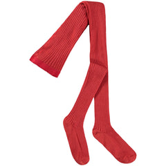Rib Tights by Molo red ribbed kids tights for girls and boys, laid flat on a white background