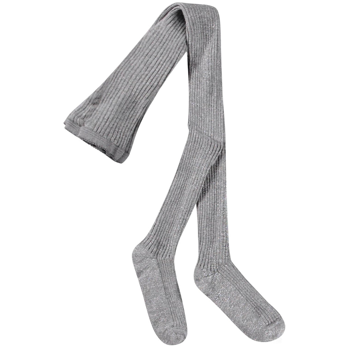 The Glitter Rib Tights from Molo, silver ribbed glitter tights for girls with a soft stretch fit.