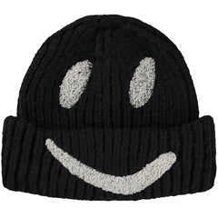 Kim Beanie by Molo black ribbed knit beanie with white smiley face design