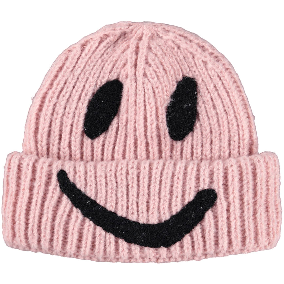 Kim Beanie by Molo in pink with a ribbed knit design and black smiley face detail.