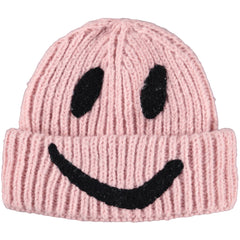 Kim Beanie by Molo in pink with a ribbed knit design and black smiley face detail.