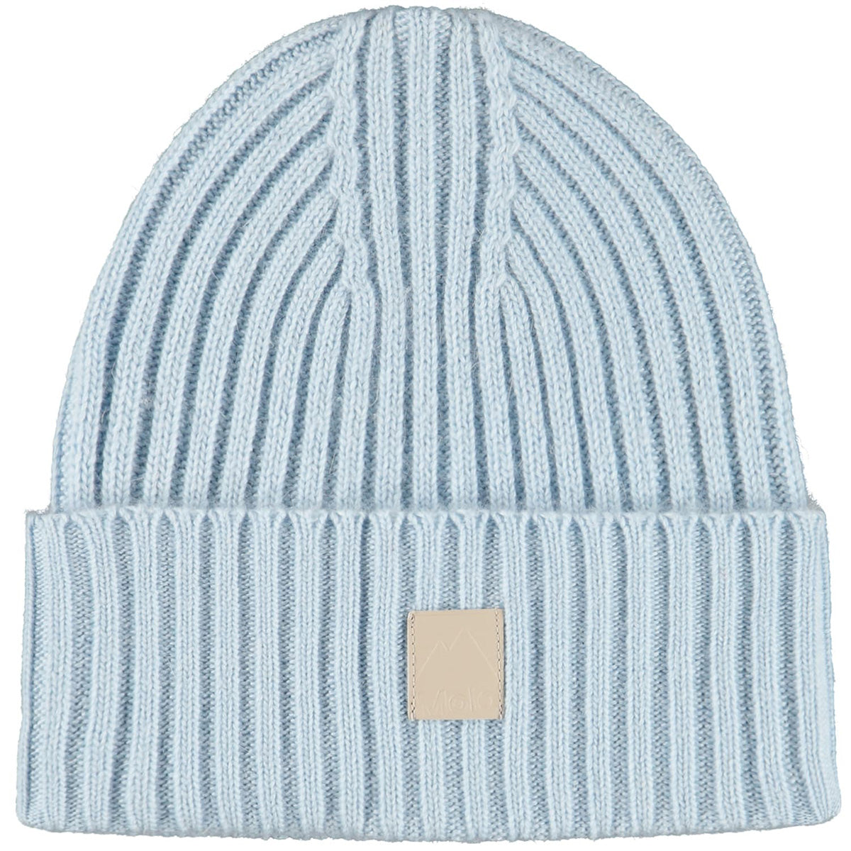 Karli Beanie by Molo in light blue with a ribbed knit design and logo patch.