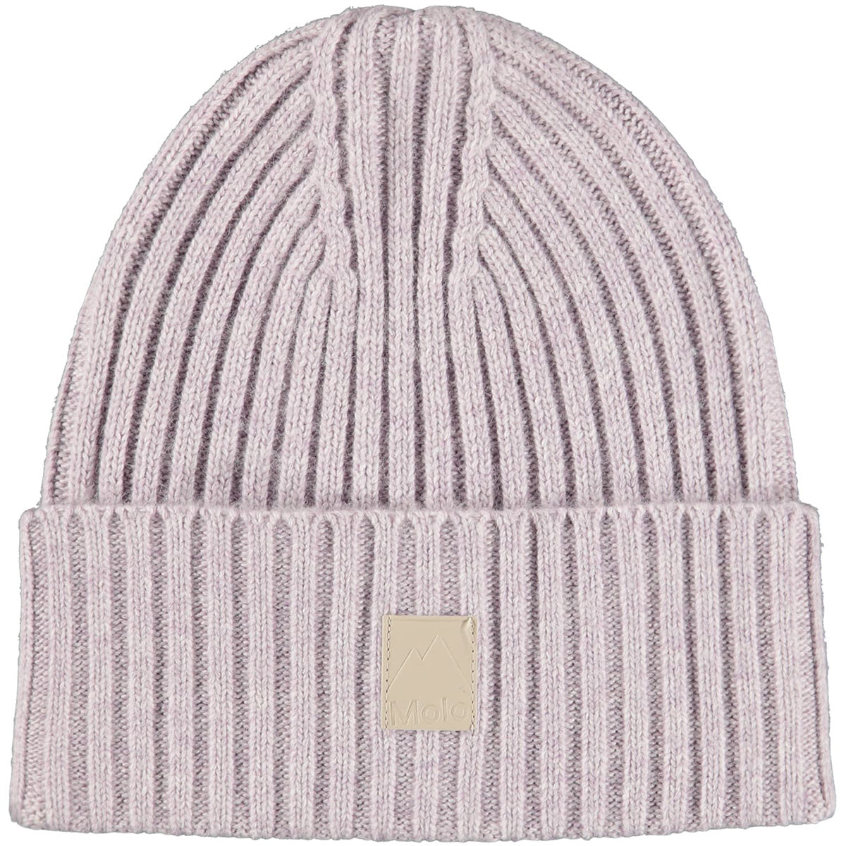 Karli Beanie by Molo light pink ribbed knit kids beanie with folded cuff and beige front patch