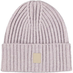 Karli Beanie by Molo light pink ribbed knit kids beanie with folded cuff and beige front patch