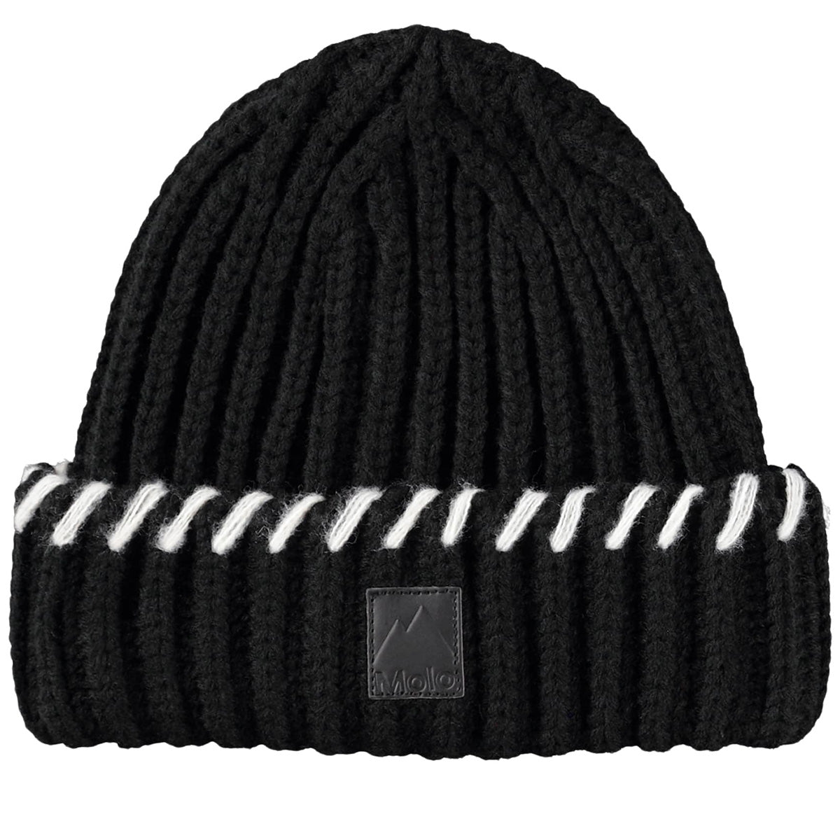 The Karina Beanie from Molo in black ribbed knit with a roll-up cuff, white contrast stitching, and front logo label.