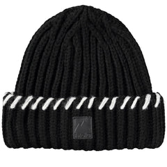 The Karina Beanie from Molo in black ribbed knit with a roll-up cuff, white contrast stitching, and front logo label.