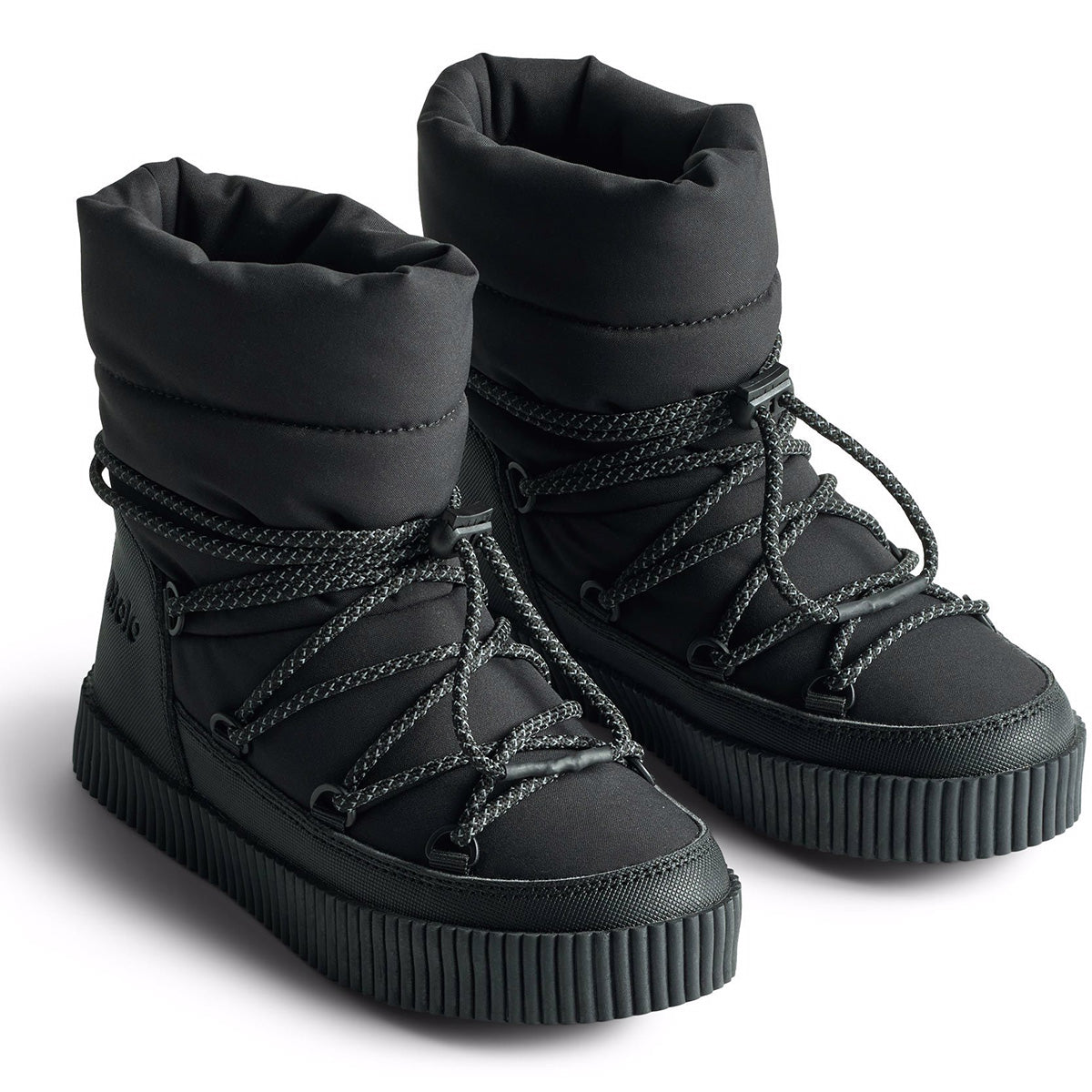 The Demi Boots from Molo in black padded fabric featuring decorative front laces and a non-slip rubber winter sole.