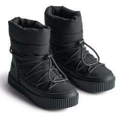 The Demi Boots from Molo in black padded fabric featuring decorative front laces and a non-slip rubber winter sole.