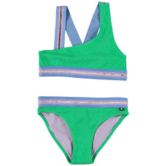 The Nicola Bikini from Molo. Asymmetrical, sporty bikini in green with a beautiful texture and thin