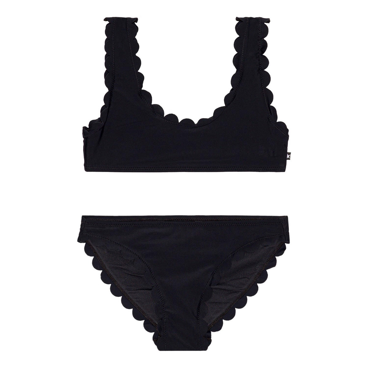 The Nolina Bikini from Molo. Black bikini with a wavy effect at the neck, sleeves and leg openings.