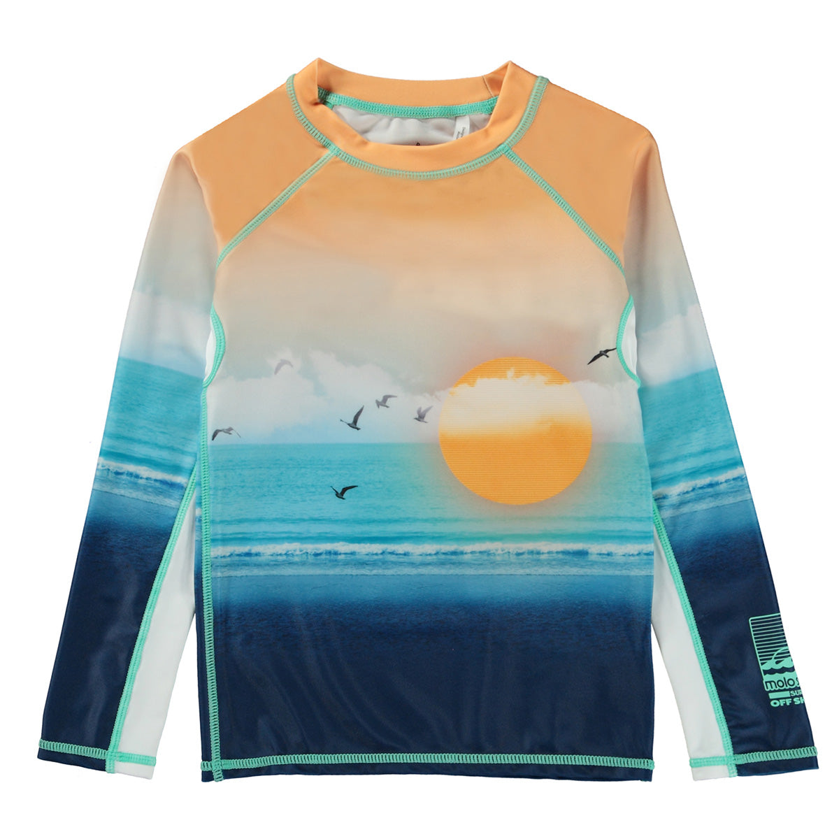 The Neptune Long Sleeve Rash Guard from Molo. Rash guard in shades of blue and orange 