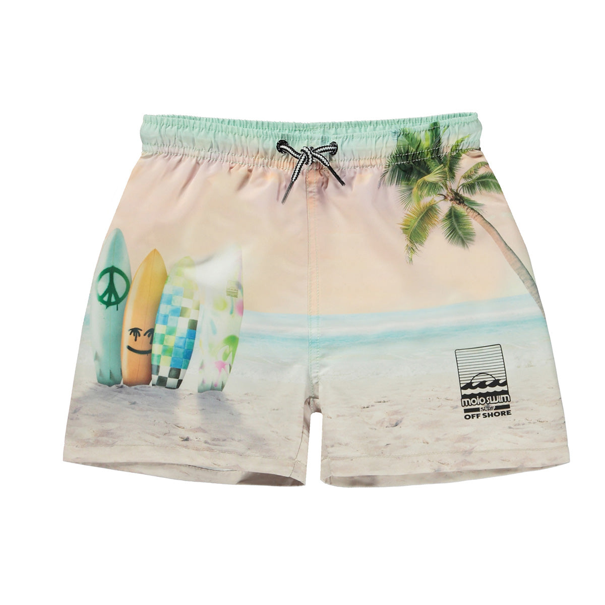 The Niko Swim Shorts from Molo. Swim shorts in light, neutral colors with a placement print of a tropical beach