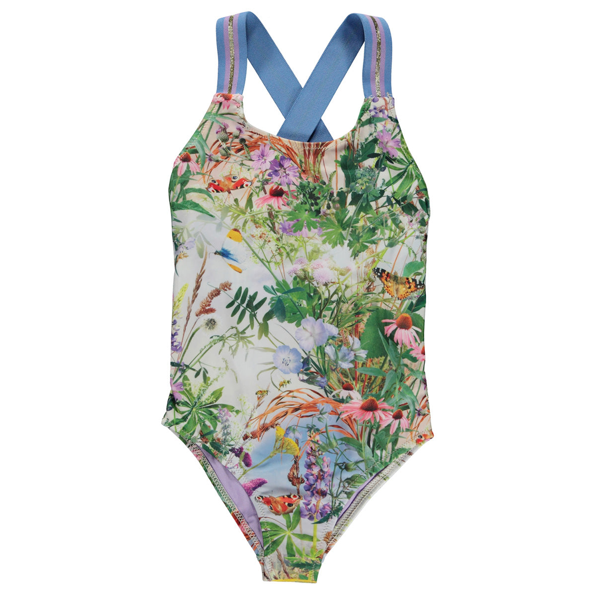 The Neve Swimsuit from Molo. Swimsuit in an all over print of a beautiful frenzy of flowers with flapping butterflies.