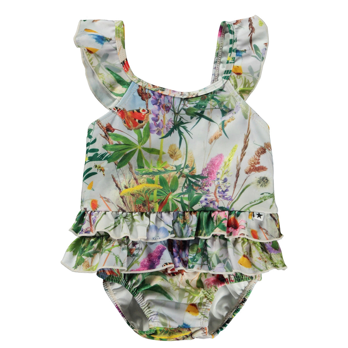 The Nalani Swimsuit from Molo. Baby swimsuit in an all over print of a beautiful frenzy of flowers with flapping butterflies