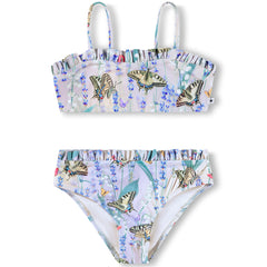 The Naila Bikini from Molo. Stretchy, purple bikini for active children with a butterfly print.